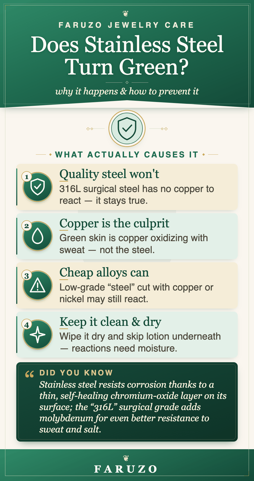 Does stainless steel turn green infographic: why it happens and how to prevent it, in the FARUZO style