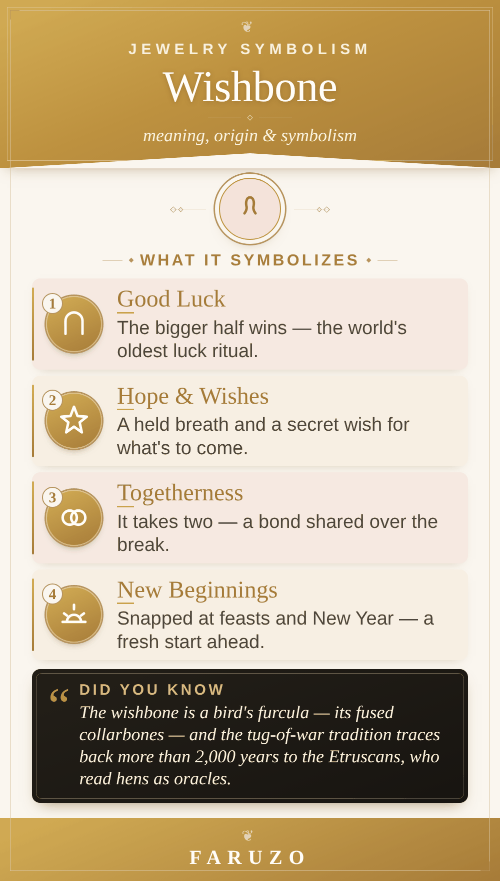Wishbone meaning infographic: good luck, hope and wishes, togetherness and new beginnings, in the FARUZO style