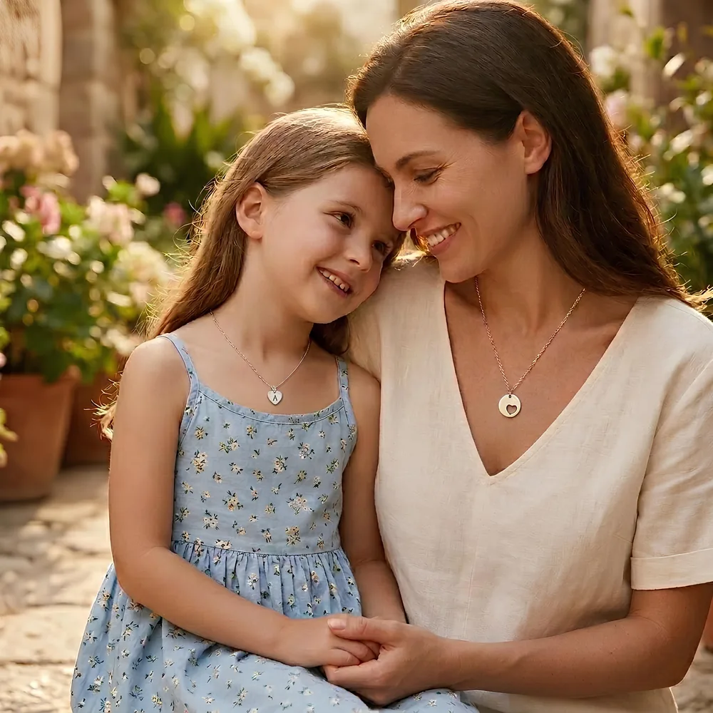 Smiling mother and daughter sitting close in a sunlit garden, each wearing a matching gold pendant necklace, the girl's with an initial and the mother's with a heart cut-out