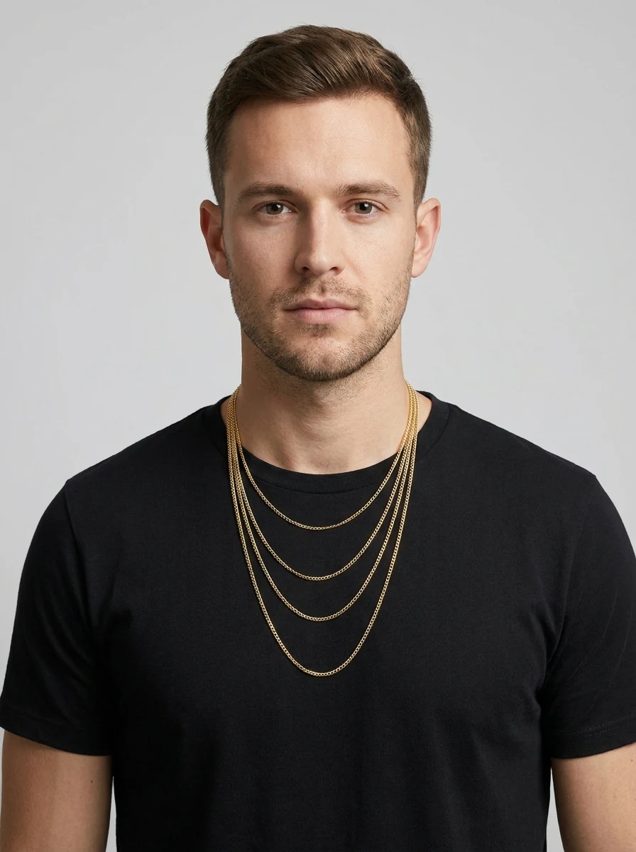 A man wearing five gold chain necklaces layered at different lengths, from a shorter length at the base of his neck down to a longer one at mid-chest.